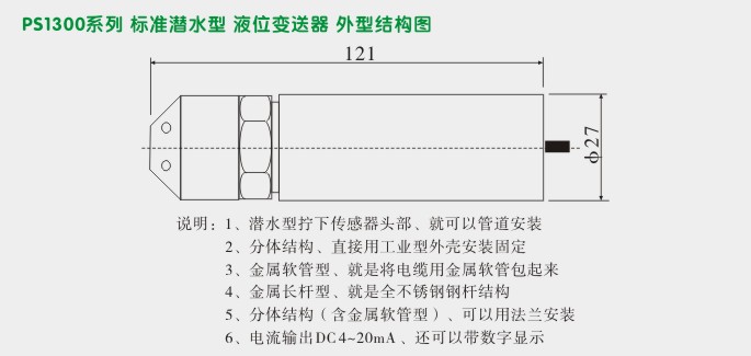 投入式液位计,PS1300液位变送器外形结构图