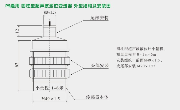 超声波液位变送器,PS6300超声波液位计外型尺寸及安装图