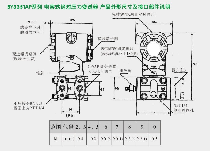 绝压变送器,3351AP数显真空压力变送器外型尺寸及安装图