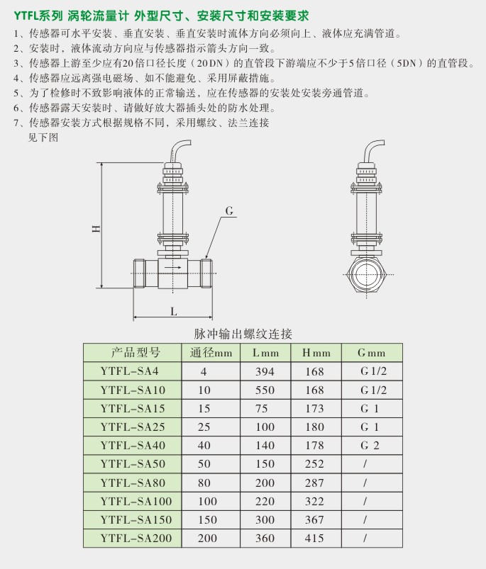 脉冲输出涡轮流量计,YTFL涡轮流量计外型尺寸及安装图