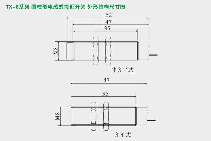 电感式接近传感器,TX-8圆柱形接近开关外型尺寸及安装图