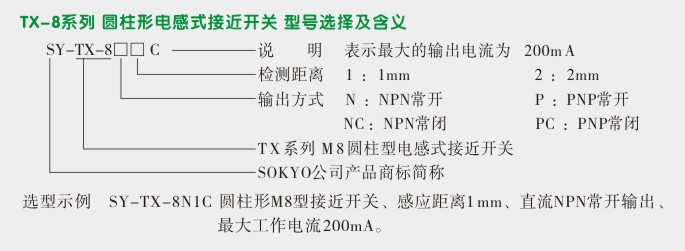 电感式接近传感器,TX-8圆柱形接近开关选型图